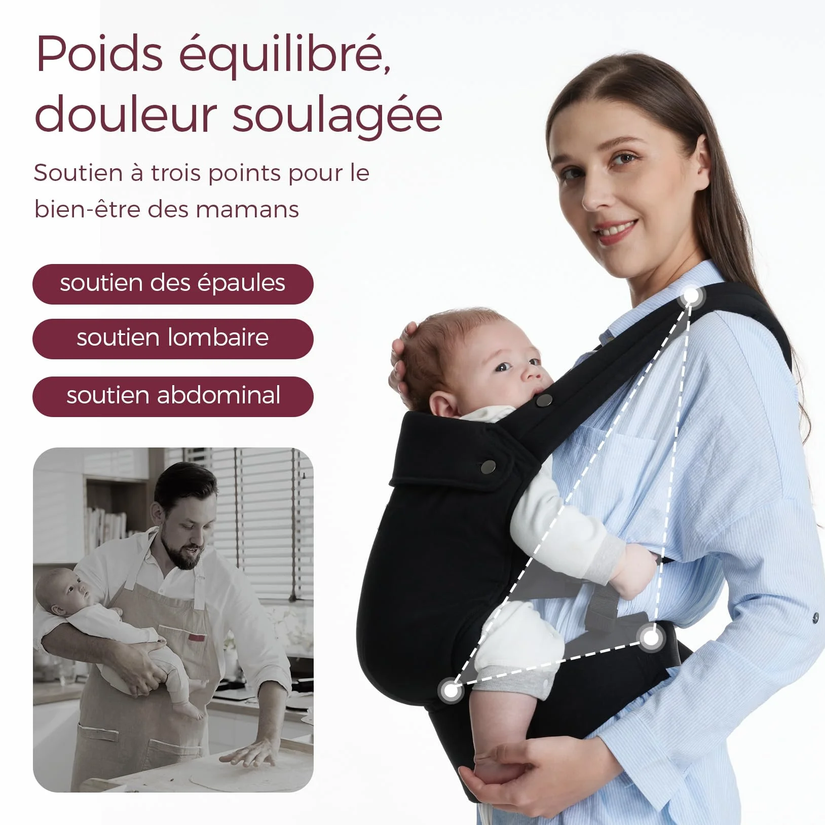Momcozy Porte-bébé en coton doux, ergonomique 3-20 kg, noir