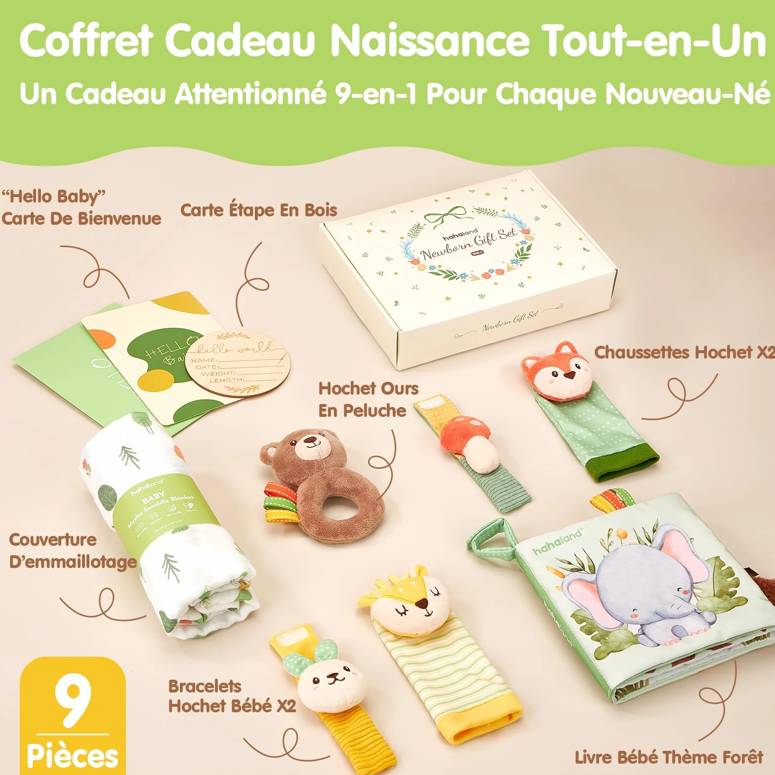 Coffret Naissance Bébé Fille et Garçon, Cadeau Nouveau-né avec Couverture d’Emmaillotage, Hochets et Livre d’Éveil Sensoriel, 0–12 Mois