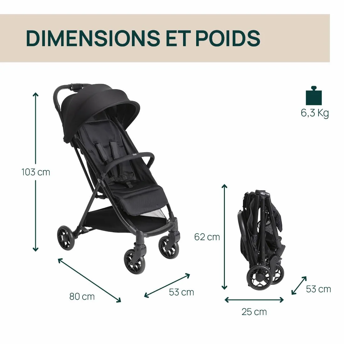 Chicco Poussette Urbino 0-22 kg Légère Compacte Pliage une main Capote Extensible UV50 Repose-Jambes Noir