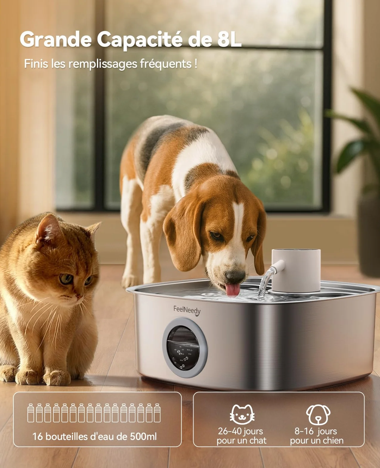 FEELNEEDY 8L Fontaine à Eau Chat sans Fil, Batterie 5000mAh, Distributeur Eau Chien avec Radar Détecteur de Mouvement