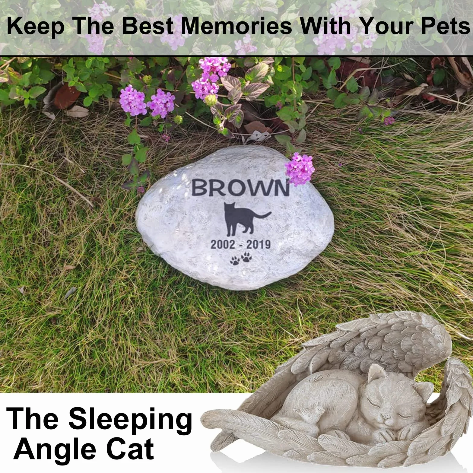 Statue Pierre Commémorative pour Animaux de Compagnie, Tombe en Forme d'Ange, Décoration Jardin pour Chien Chat, Résine (Chat Ange)