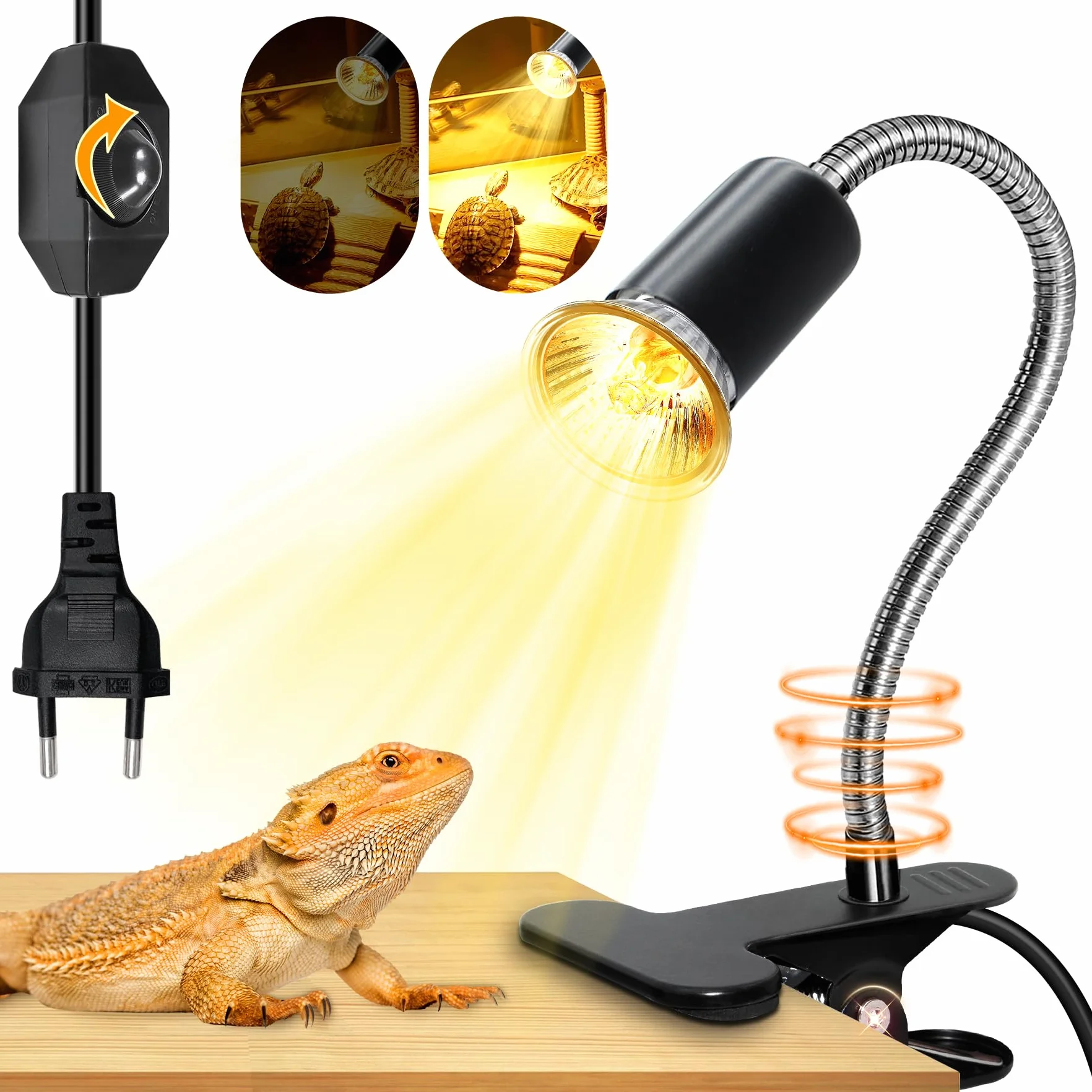 Lampe Chauffante pour Reptile avec Col de Cygne 11 mm 40 cm, Douille E27 Céramique Dimmable