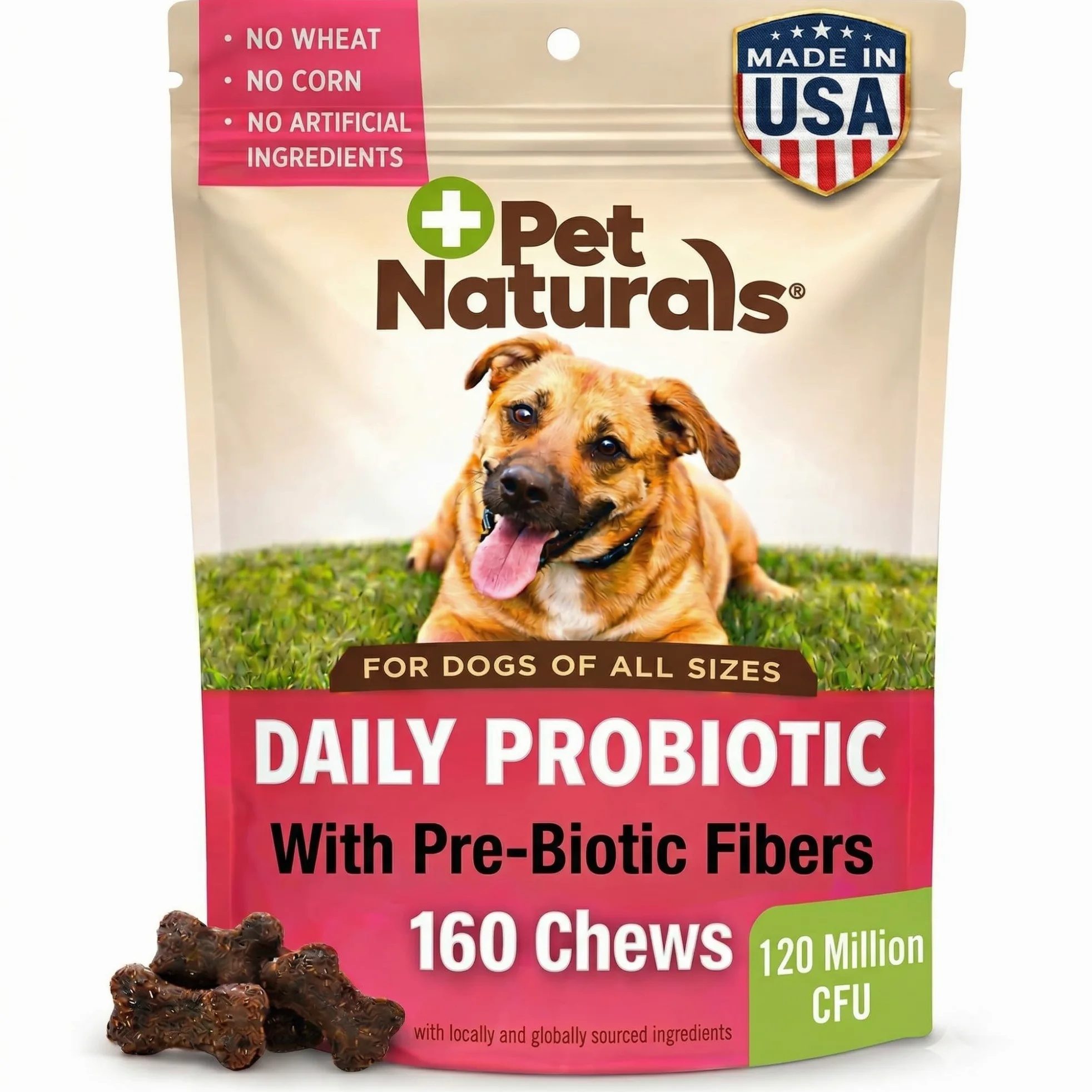 Pet Naturals Probiotiques Quotidiens pour Chiens, saveur Canard, 160 friandises à mâcher – 120 M UFC pré-et probiotiques pour la santé Digestive, la santé intestinale, Le Soutien immunitaire, la