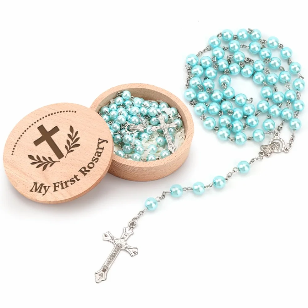 Mon premier chapelet avec boîte souvenir – Cadeau de baptême et de fête prénatale pour filles et garçons | Chapelet catholique pour première communion chrétienne