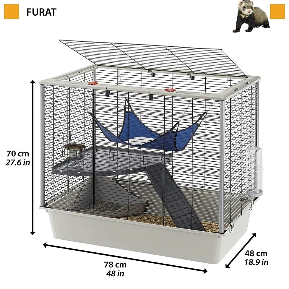 Ferplast Cage confortable pour fûrets et rats FURAT, strucutre à plusieurs niveaux avec accessoires inclus, angles renforcés, vernis métal et plastique noir, 78 x 48 x h 70