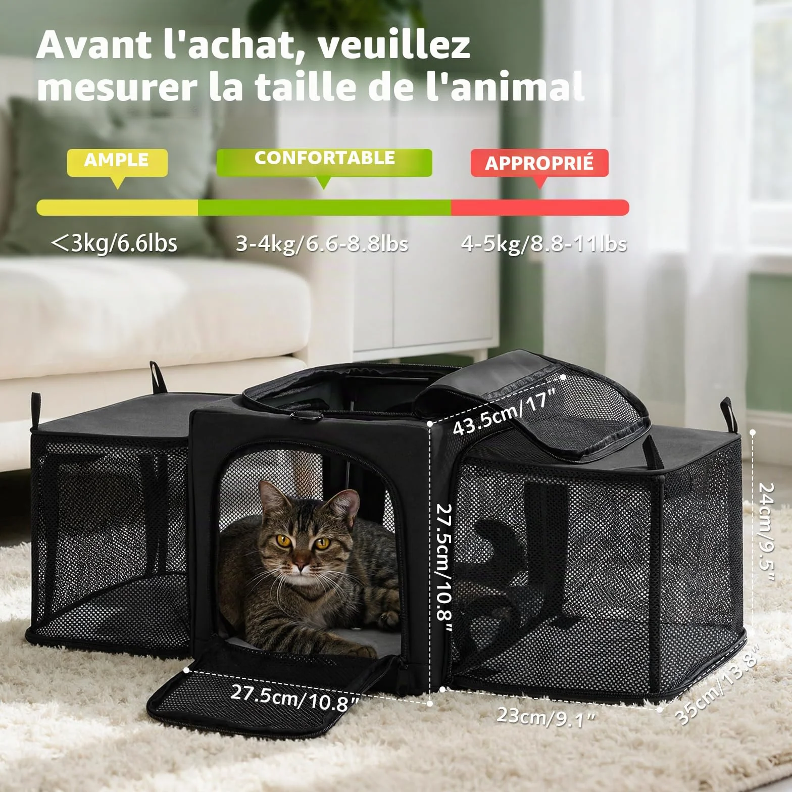 Pecute Sac de Transport Extensible Extra Stable en Maille Respirante pour Chat avec Zone Cachée, Gris Foncé