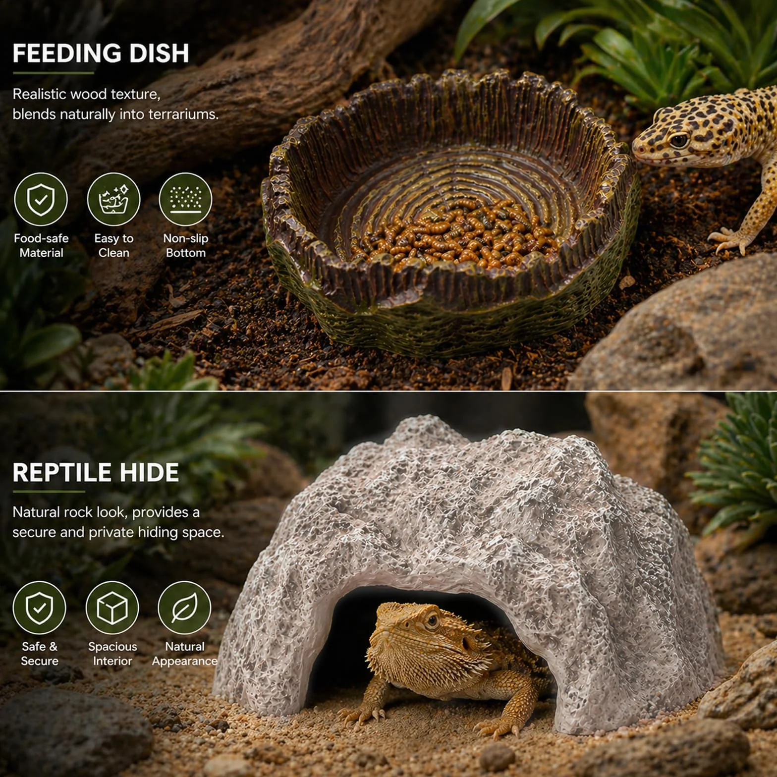 Cachette de Roche Reptiles avec Gamelle Grotte pour Tortue Terrestre Terrarium Décoration pour Petits Lézards Tortues
