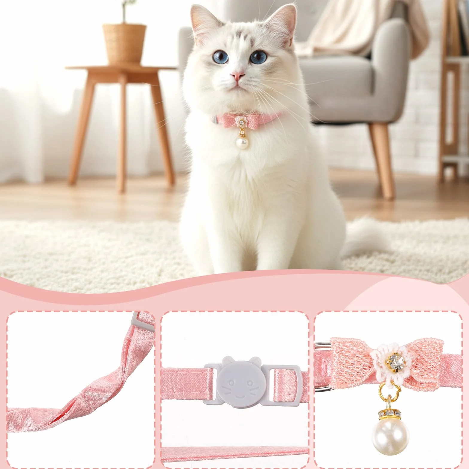 Collier pour chat réglable rose avec pendentif perle, boucle sécurité nœud papillon