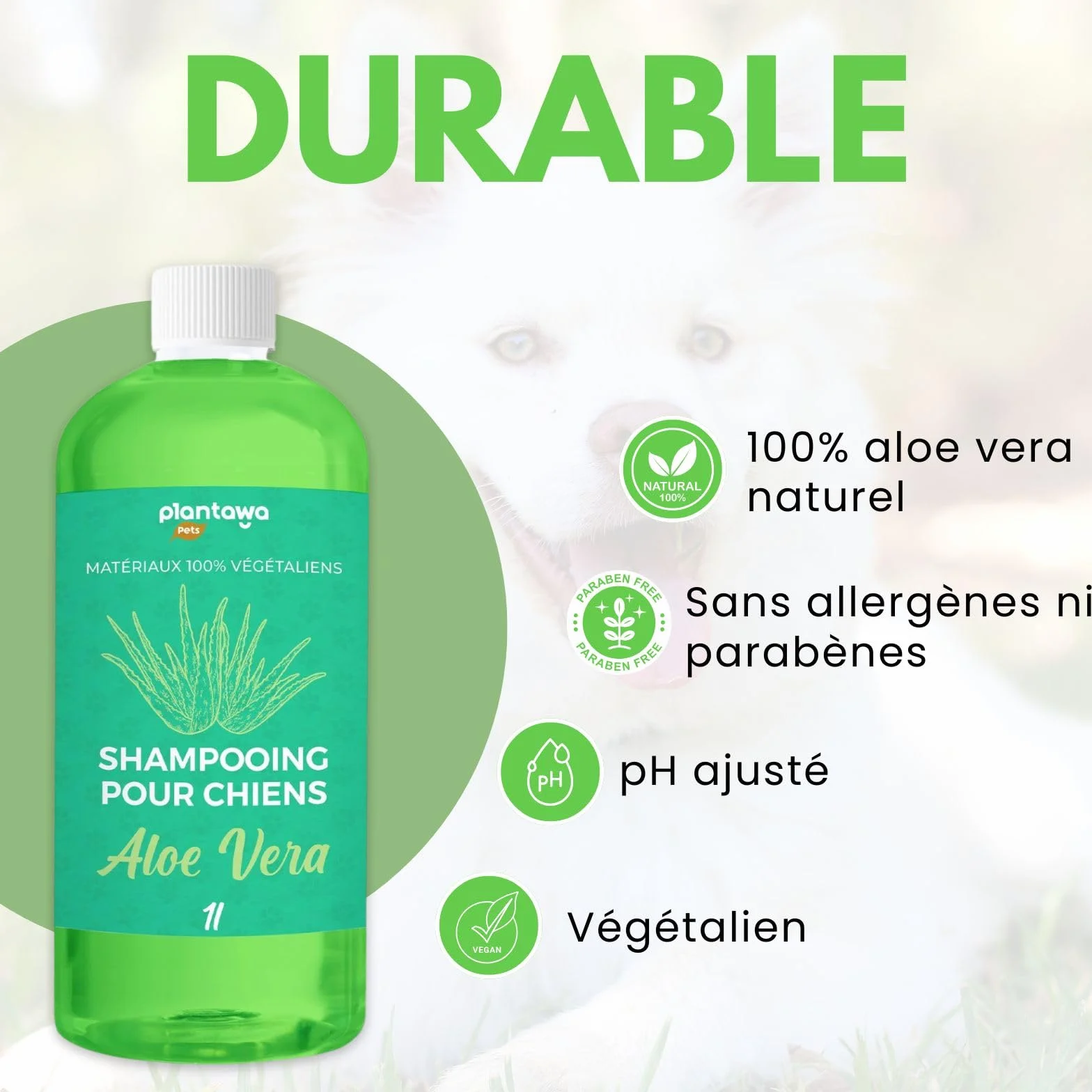 Plantawa Shampooing pour Chien à l'Aloe Vera 1L Peau Sensible Anti-Irritation Vegan