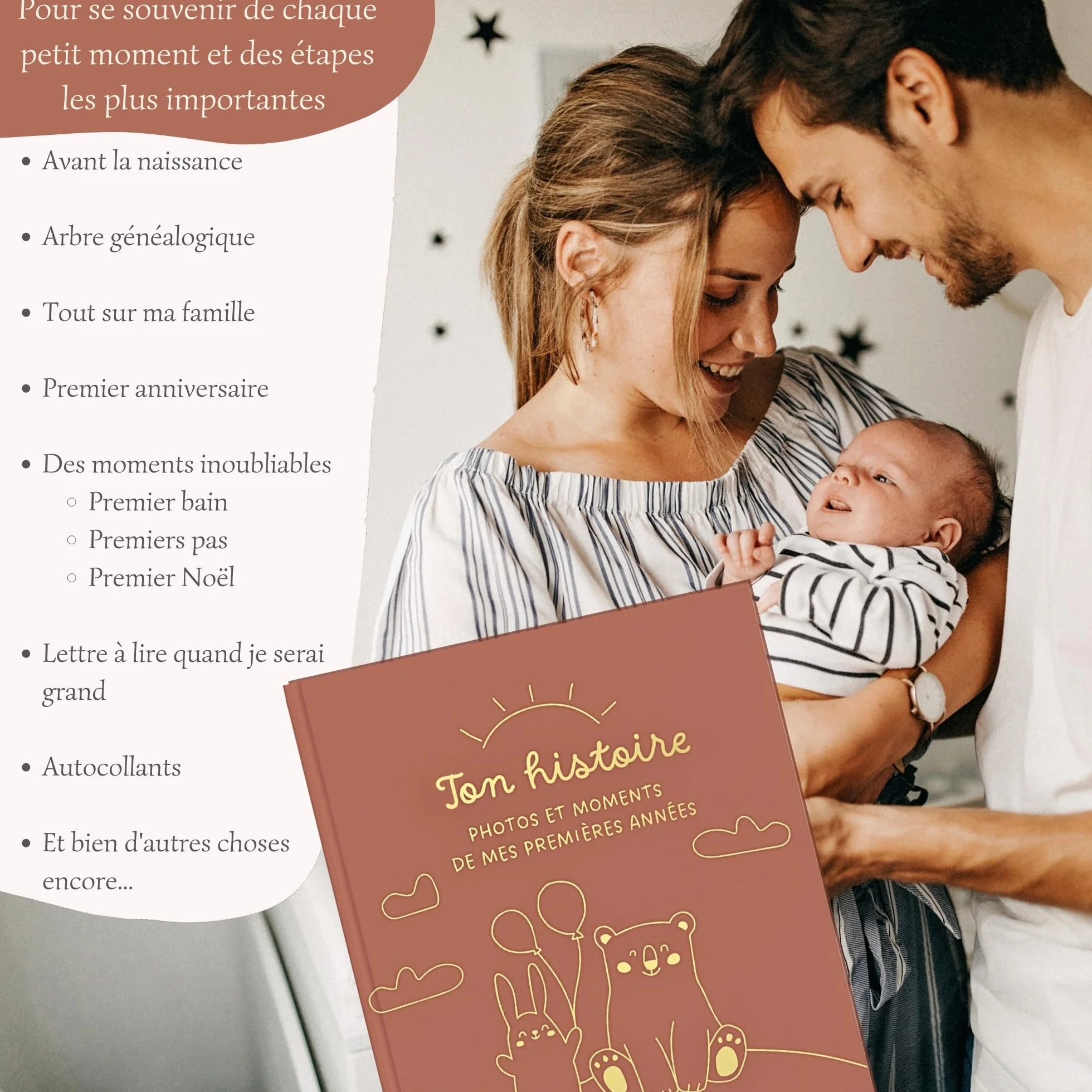 Livre de Naissance Bébé avec Photos et Autocollants, Album Première Année jusqu'à 5 Ans, Cadeau Fille et Garçon