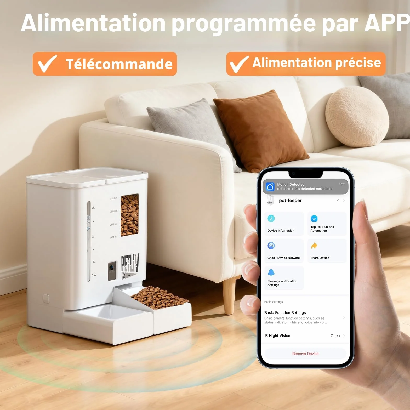 Distributeur Croquettes Chat Automatique avec Caméra 2K HD Vision Nocturne WiFi 2.4G/5G Contrôle App Double Alimentation Réservoir 5L 4L