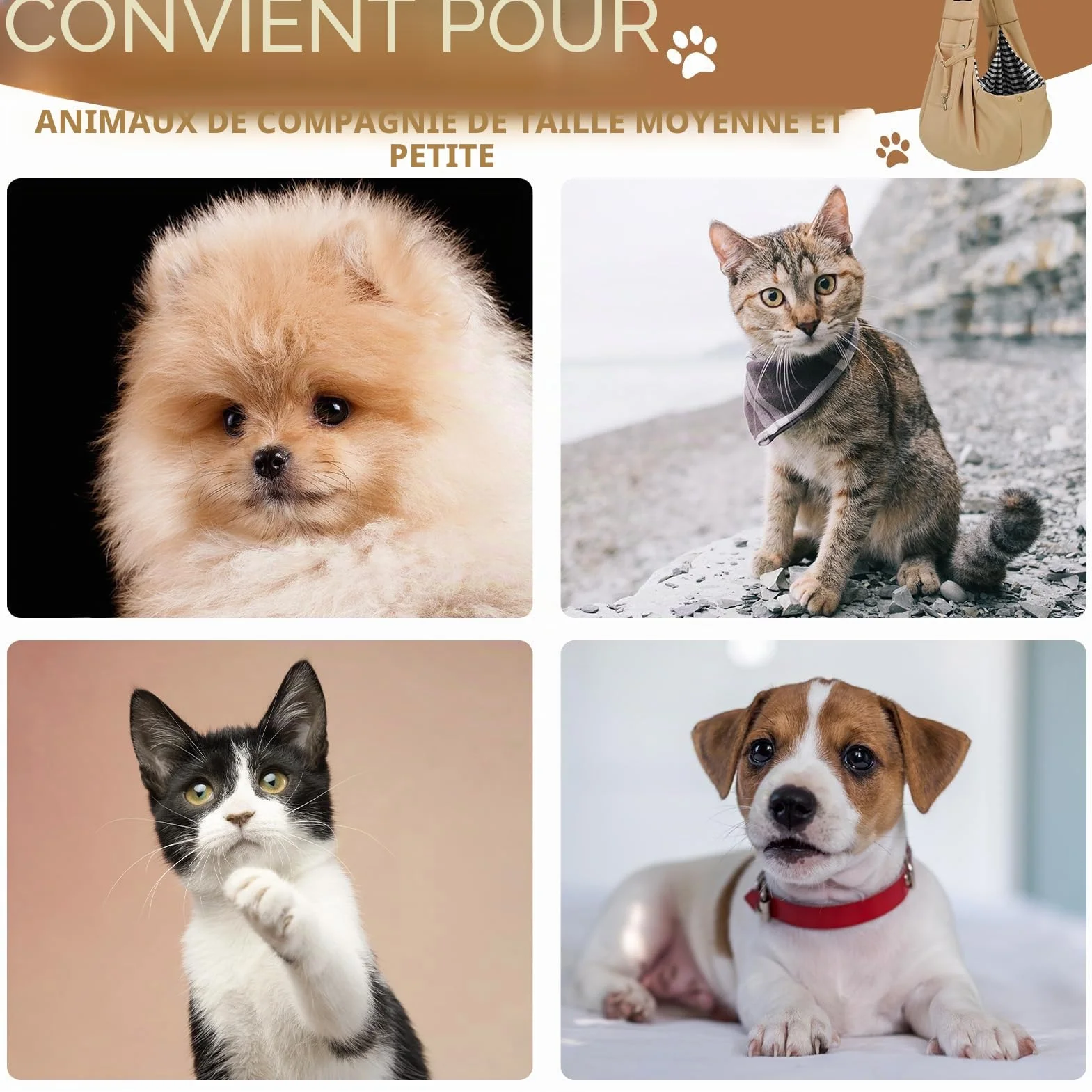 Sac de Transport pour Chien Chat à Bandoulière Mains Libres Respirant Réversible jusqu'à 7 KG Kaki