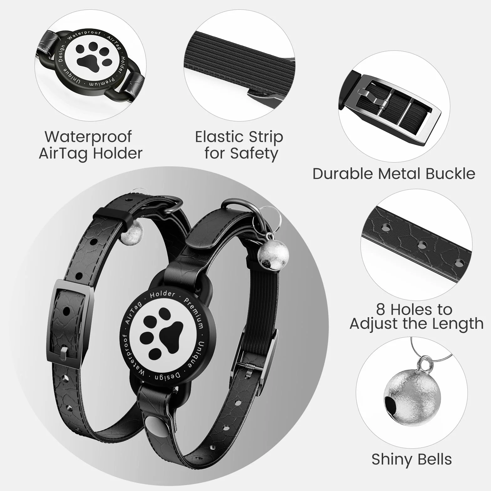 Collier pour chat Airtag en cuir étanche avec boucle en métal et clochette