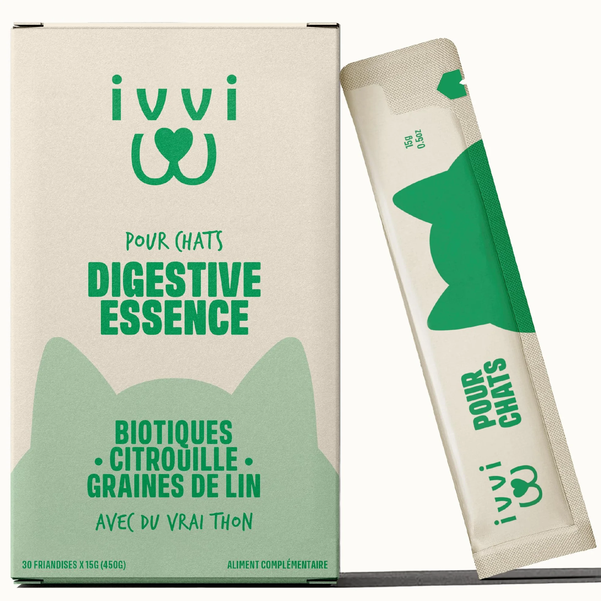 ivvi Essence Digestion pour Chats – 30 Snacks crémeux Thon courge graines de Lin postbiotique – Flore intestinale – 450 g
