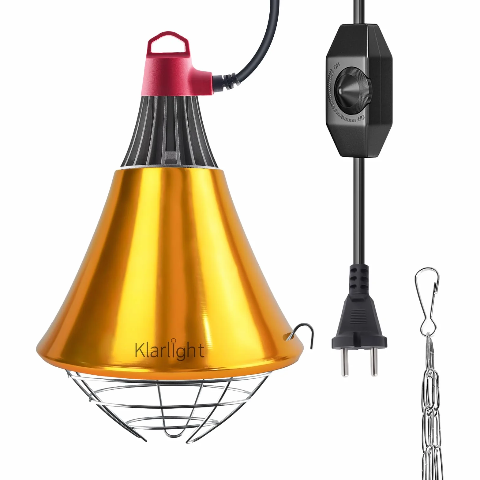 Klarlight Chauffante Infrarouge Dimmable 275W avec Grille de Protection, Câble 2m pour Poulailler Poussins Cochons (Sans Ampoule)