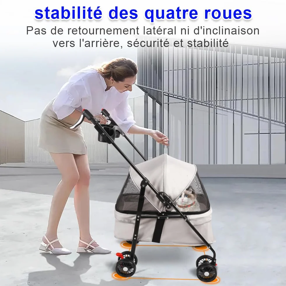 Poussette de voyage pliable pour chiens et chats avec roues, porte-gobelet, auvent réglable, grand panier