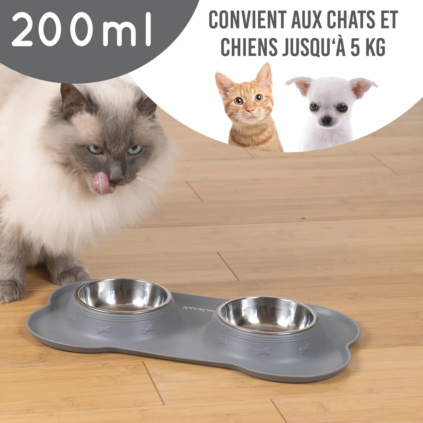 Tapis pour gamelle en Silicone KaraLuna avec gamelles en Acier Inoxydable Lot de 2 gamelles pour Chat 200ml Gris