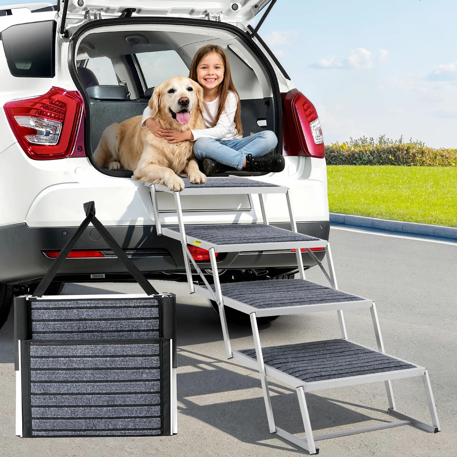 Escalier pour chien de voiture avec tapis, extra large à 4 marches, pliable, léger et antidérapant, pour camion et SUV, supporte jusqu'à 100 kg