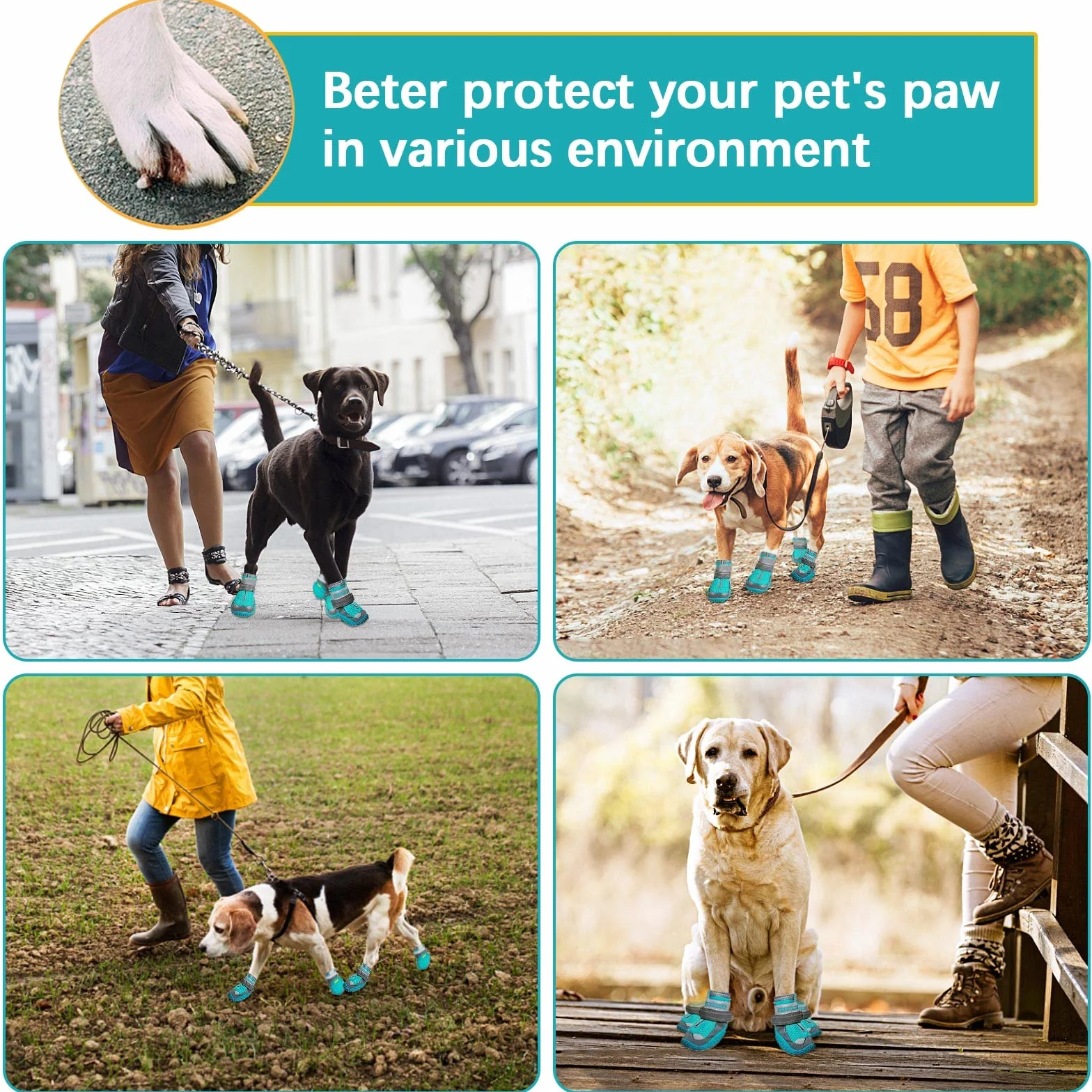 Bottes de Protection pour Chien 4 pcs Chaussures Respirantes avec Sangles Réfléchissantes et Semelle Antidérapante