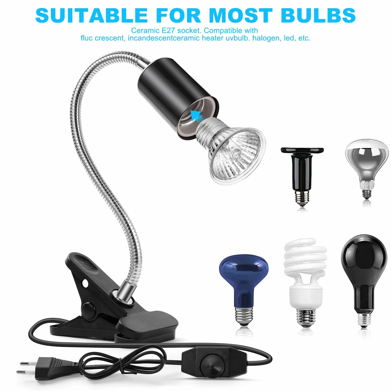 Lampe Chauffante Reptiles 2 Ampoules E27 50W UVA/UVB Pince Rotative 360°