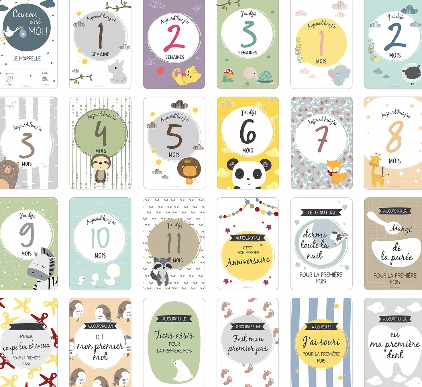 Coffret Carte Etape Bebe Francais Dolbomy - Lot de 25 Cartes Etapes Naissance 1 an - Cadeau Personnalisable Fille Garcon