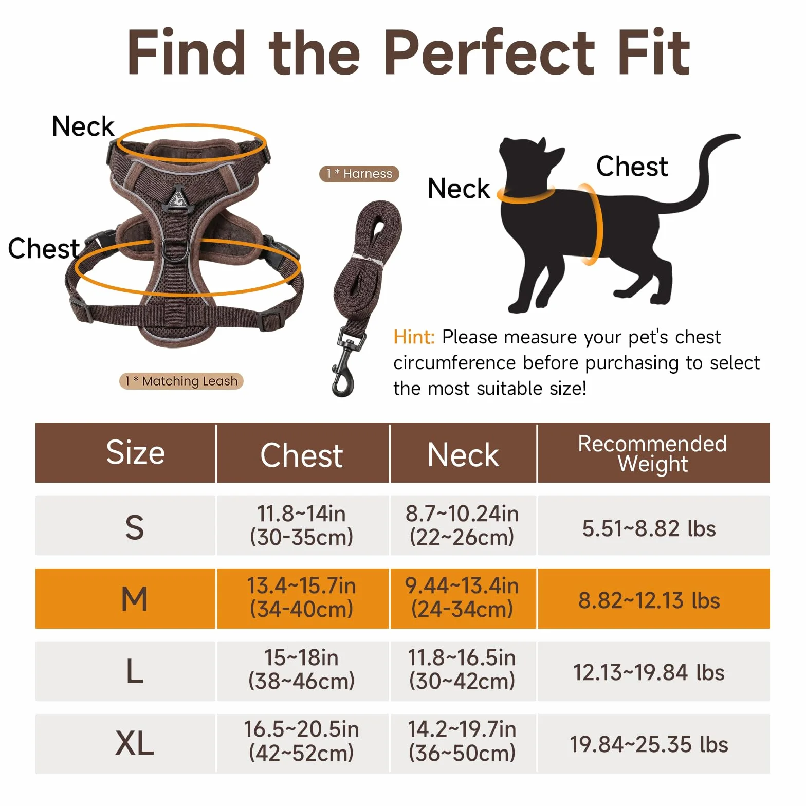 Harnais pour Chat avec Laisse Anti-éclatement, Laisse Réglable en Maille Respirante, Gilet de Sécurité Souple avec Bandes Réfléchissantes pour Chats (Café-M)