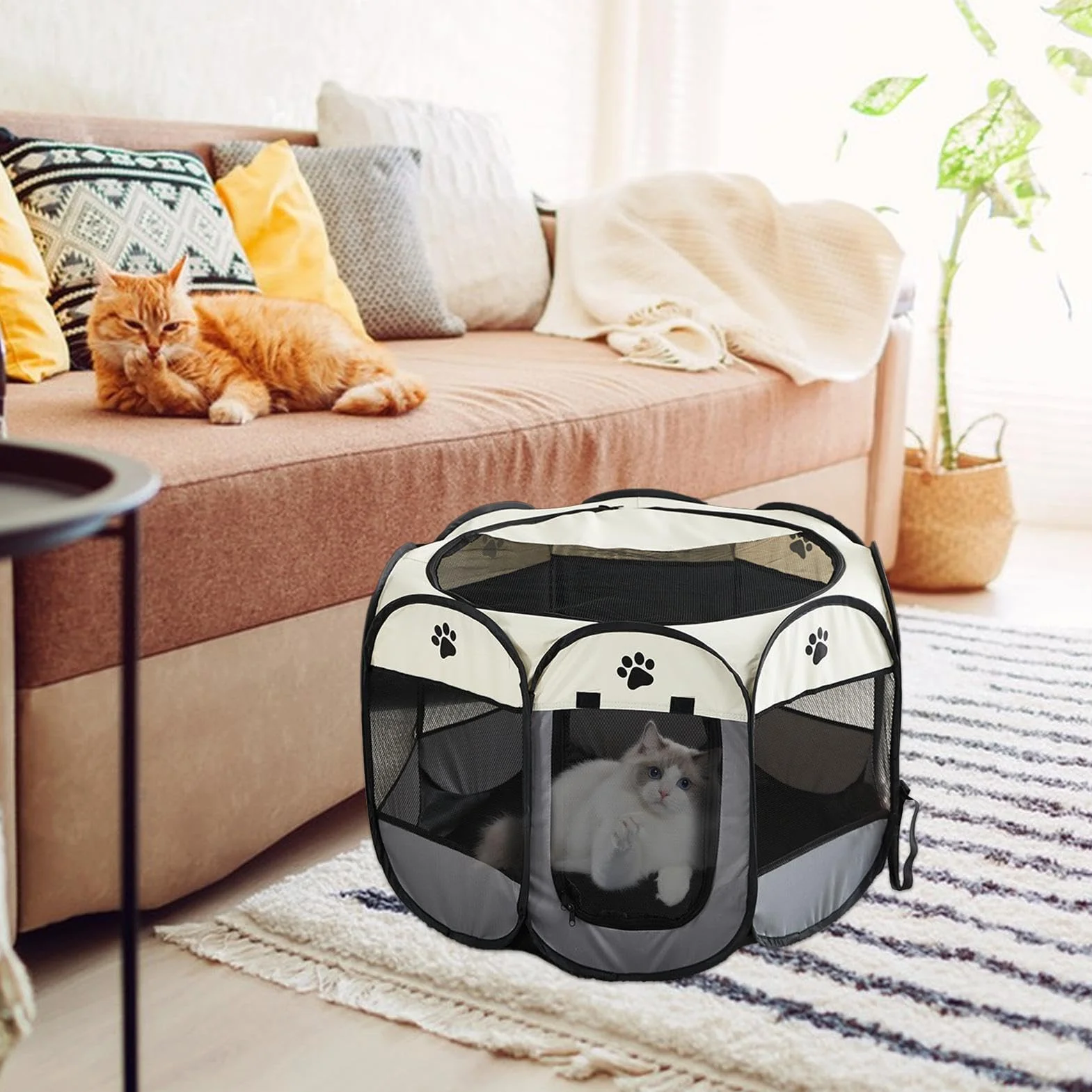Parc pour chat d'extérieur pliable Tissu Oxford fermeture éclair enclos jeu amovible cage respirante fond imperméable