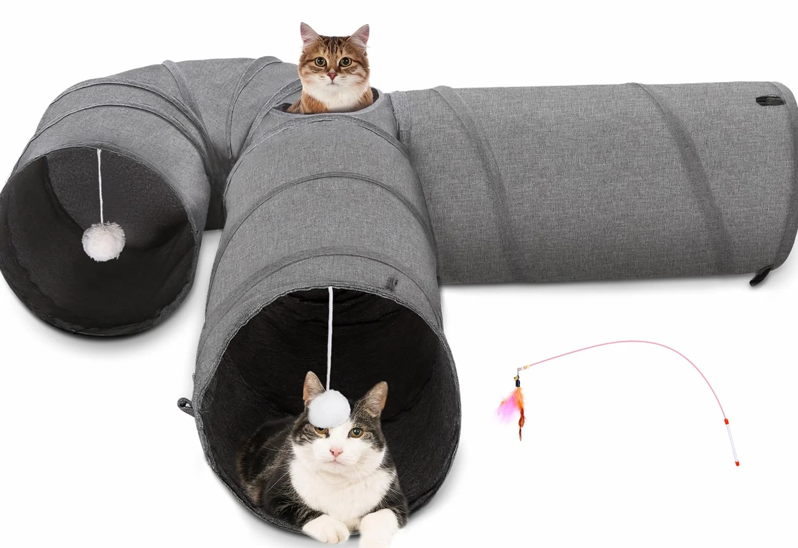 Ownpets Grand tunnel en forme de U pour chat avec 3 voies en tissu Oxford robuste, pliable et résistant aux déchirures, avec plusieurs sorties, boule suspendue et baguette taquineur, diamètre 30 cm