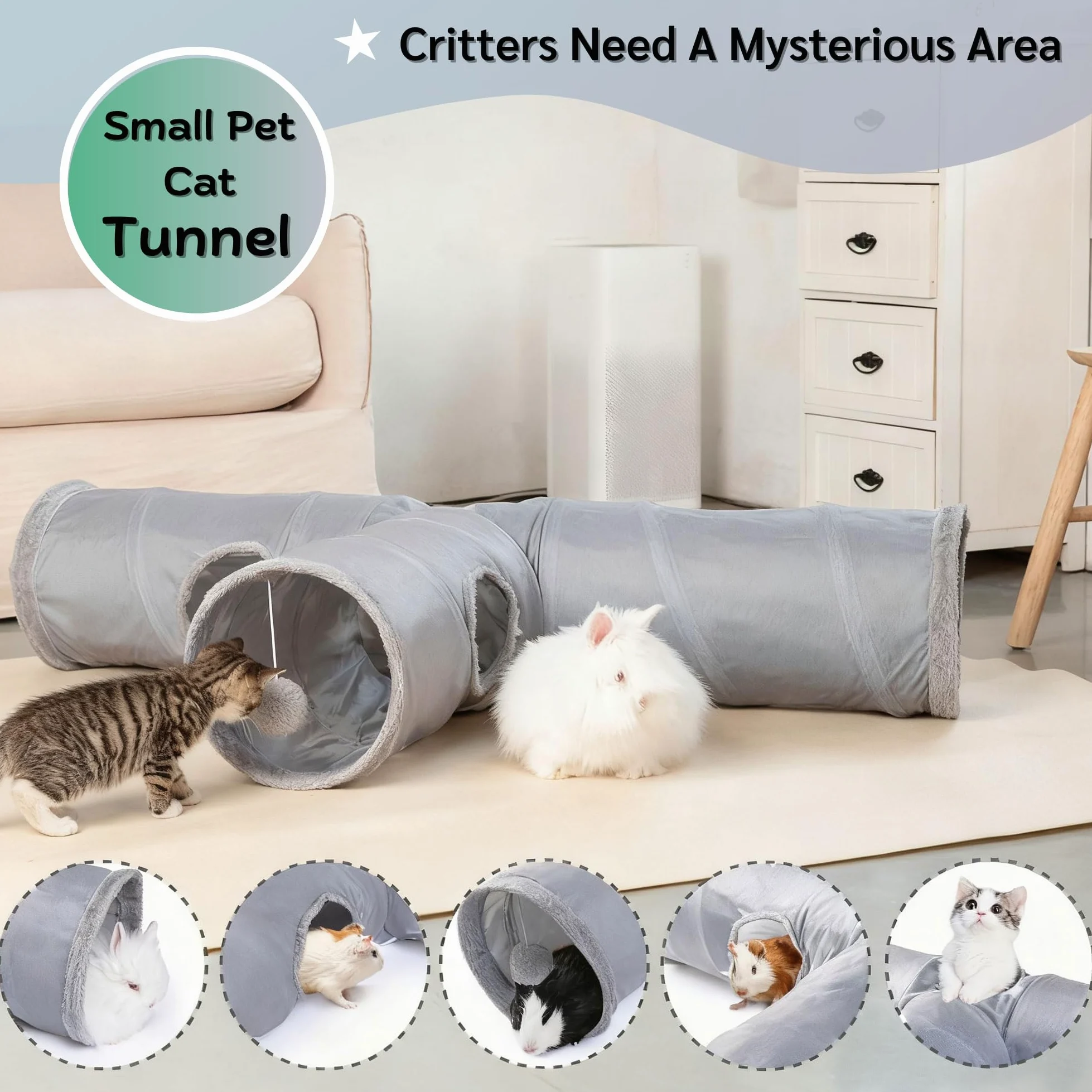 JanYoo Tunnel pliable à 3 voies pour chat d'intérieur - Jouet pour animal domestique - Cachette pour lapin, cochon d'Inde, furet - Gris uni