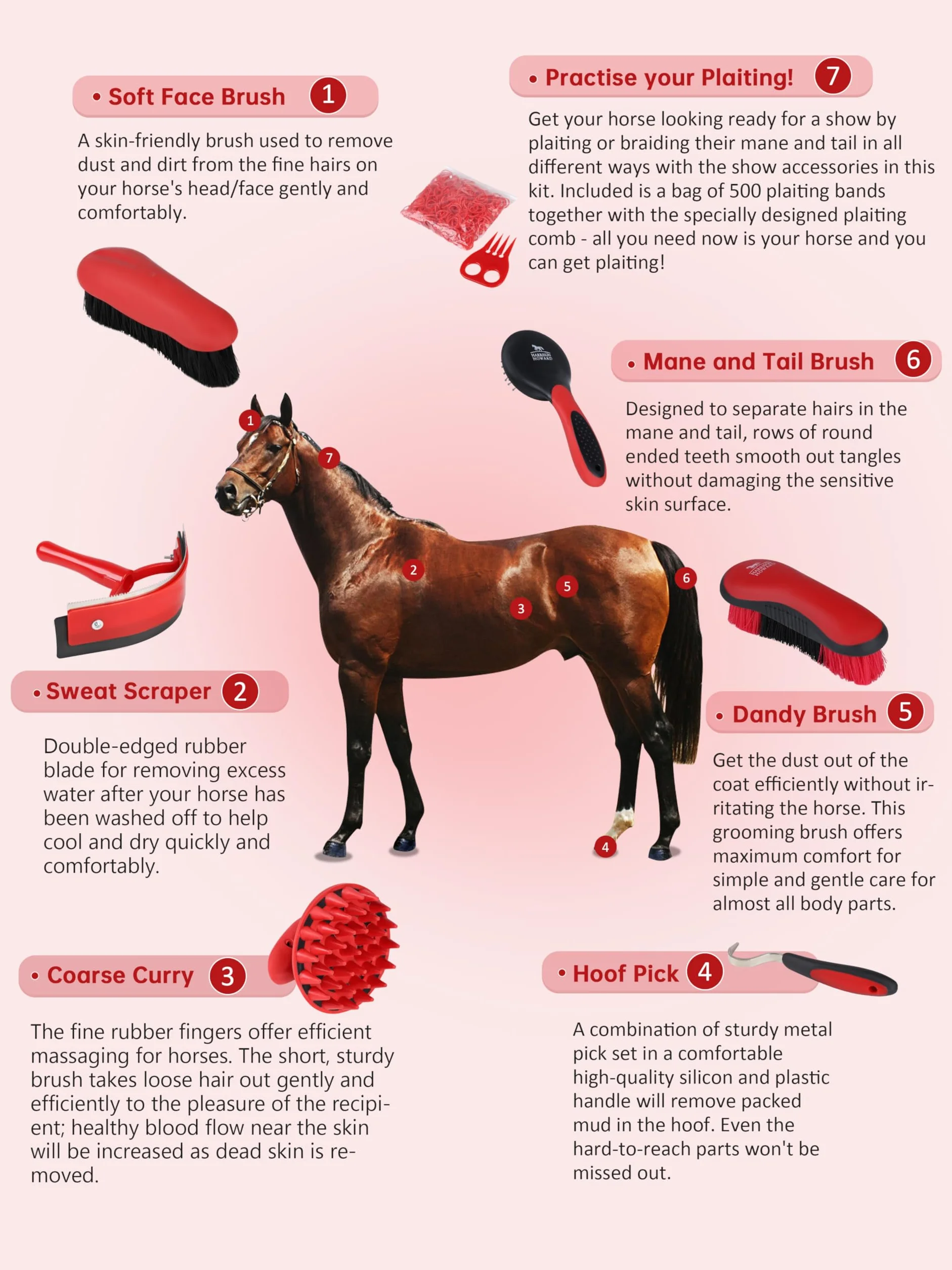 Harrison Howard Kit de 7 brosses de toilettage pour cheval avec sac de rangement Equine Care Rouge
