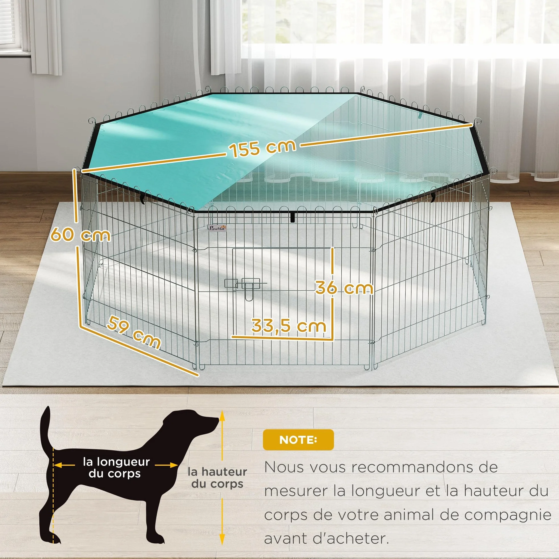 PawHut Parc pour Chien 8 Panneaux avec Toit Pliable Portable 60H cm Clôture pour Chiens Petits Taille Intérieur Extérieur Argent Vert