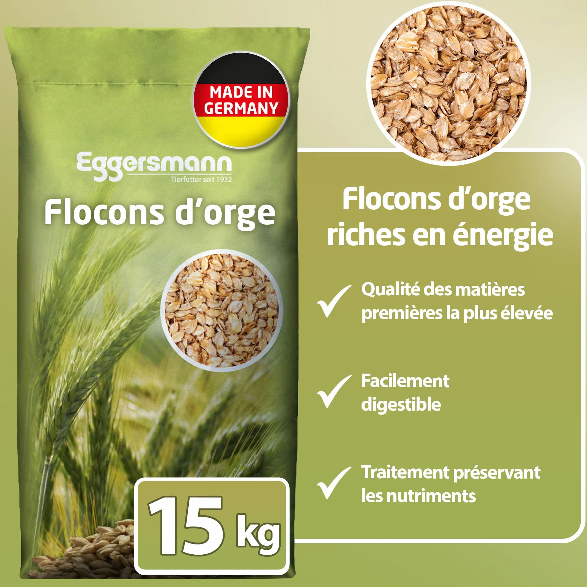 Eggersmann Flocons d'orge 15 kg aliment chevaux poneys poules petits animaux