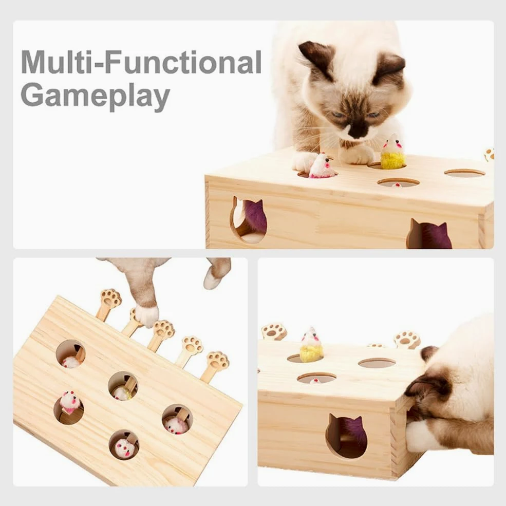 Cat Toys Interactive Whack-A-Mole Solid Wood Toy for Indoor Cats Kitten Catch Mice Game
