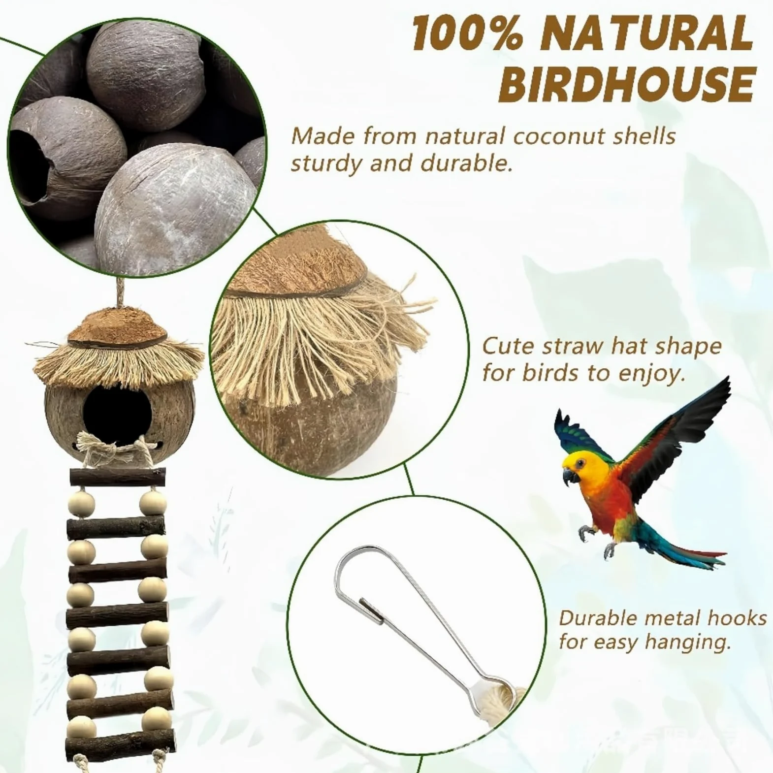 Kit d'Accessoires pour Oiseaux, Nid de Noix de Coco Naturelle avec Perchoirs en Bois de Sichuan, Balançoire et Plateforme, Adapté aux Perruches, Perroquets et Oiseaux de Petite Taille