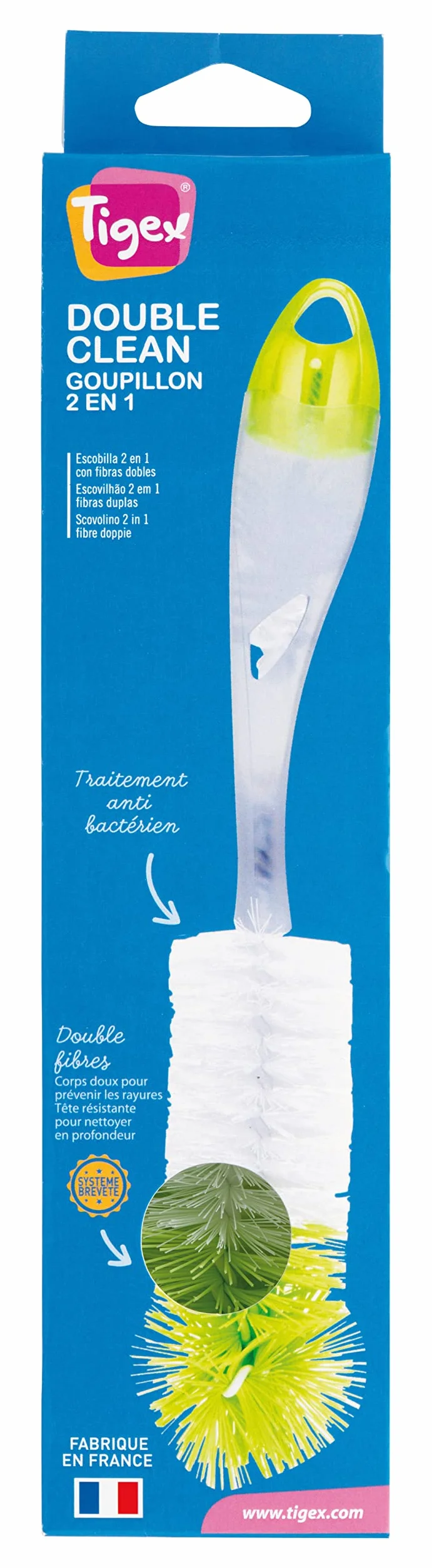 Tigex Goupillon 2-en-1 flexible double fibre Brosse à biberon et à tétine
