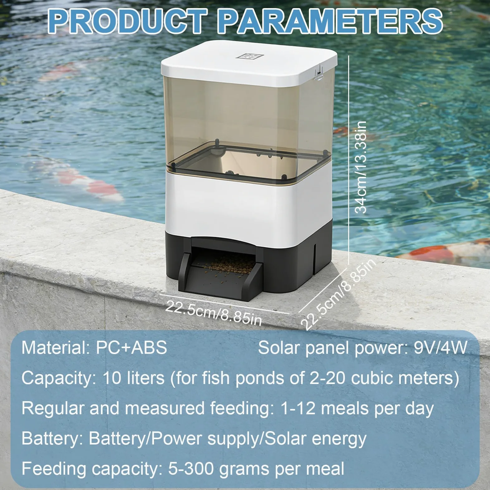 Mangeoire automatique pour poissons koï et poissons rouges, 10 L, étanche, avec minuterie, design résistant à la pluie et au soleil, batterie de secours, réglable 1 à 12 fois/jour