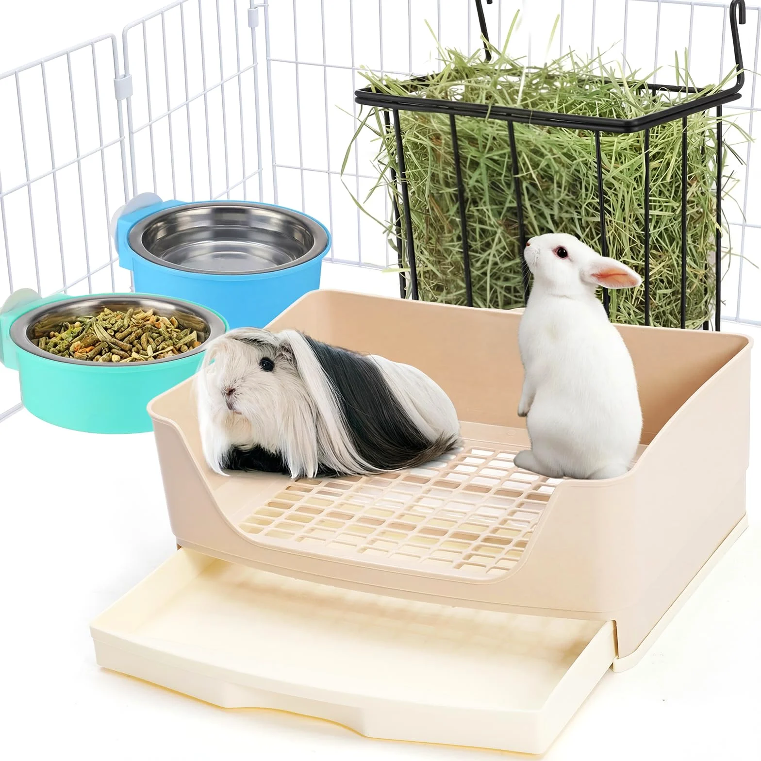 Leinuosen Lot de 4 mangeoires à foin 3 en 1 pour lapin avec bac à litière, 2 bols, bac à litière pour lapin, cochon d'Inde, chinchilla, autres petits animaux