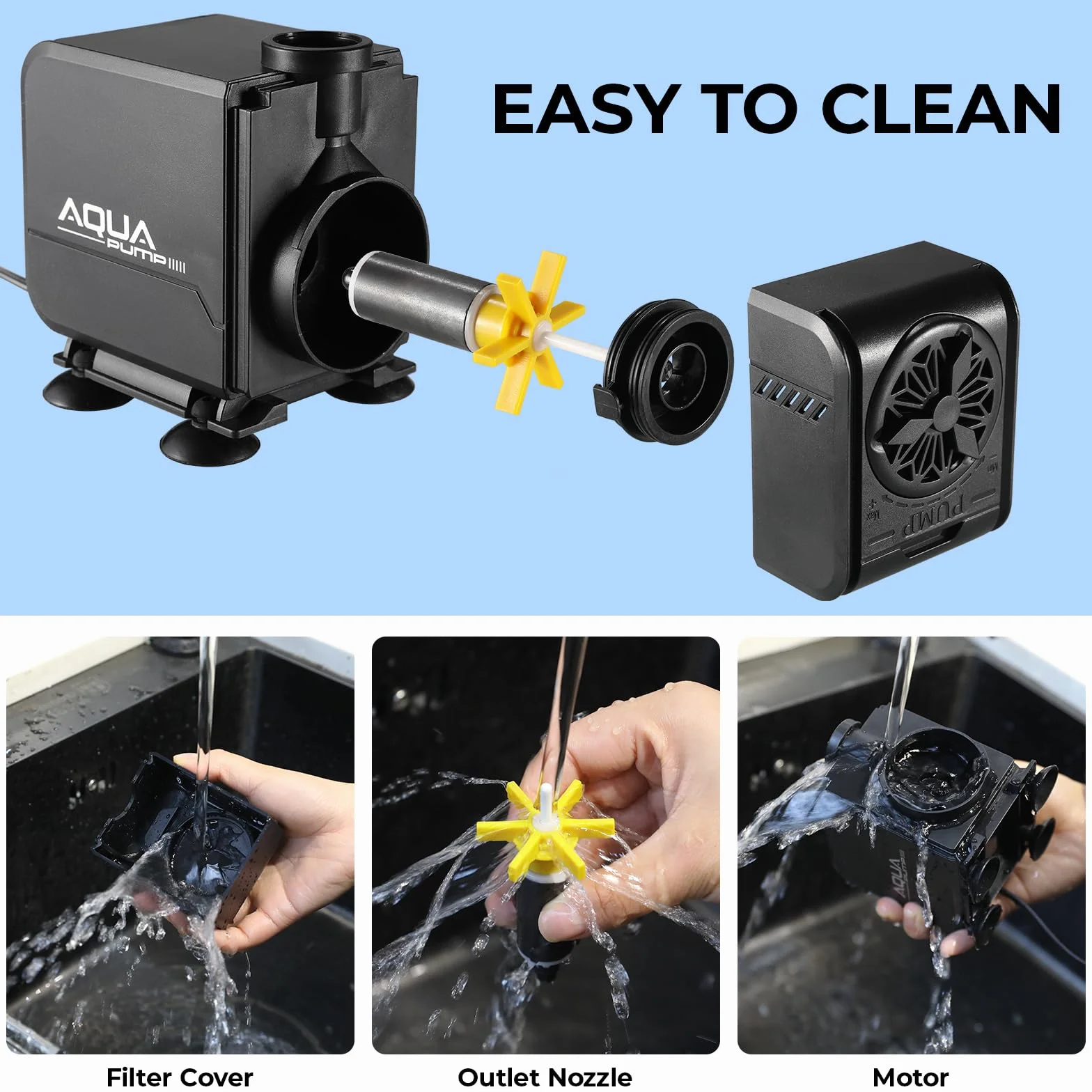 Pompe Eau Submersible 45W 3000L/H Débit Réglable avec Filtre 3 Buses 19mm/22mm/25mm Hauteur Refoulement 3M