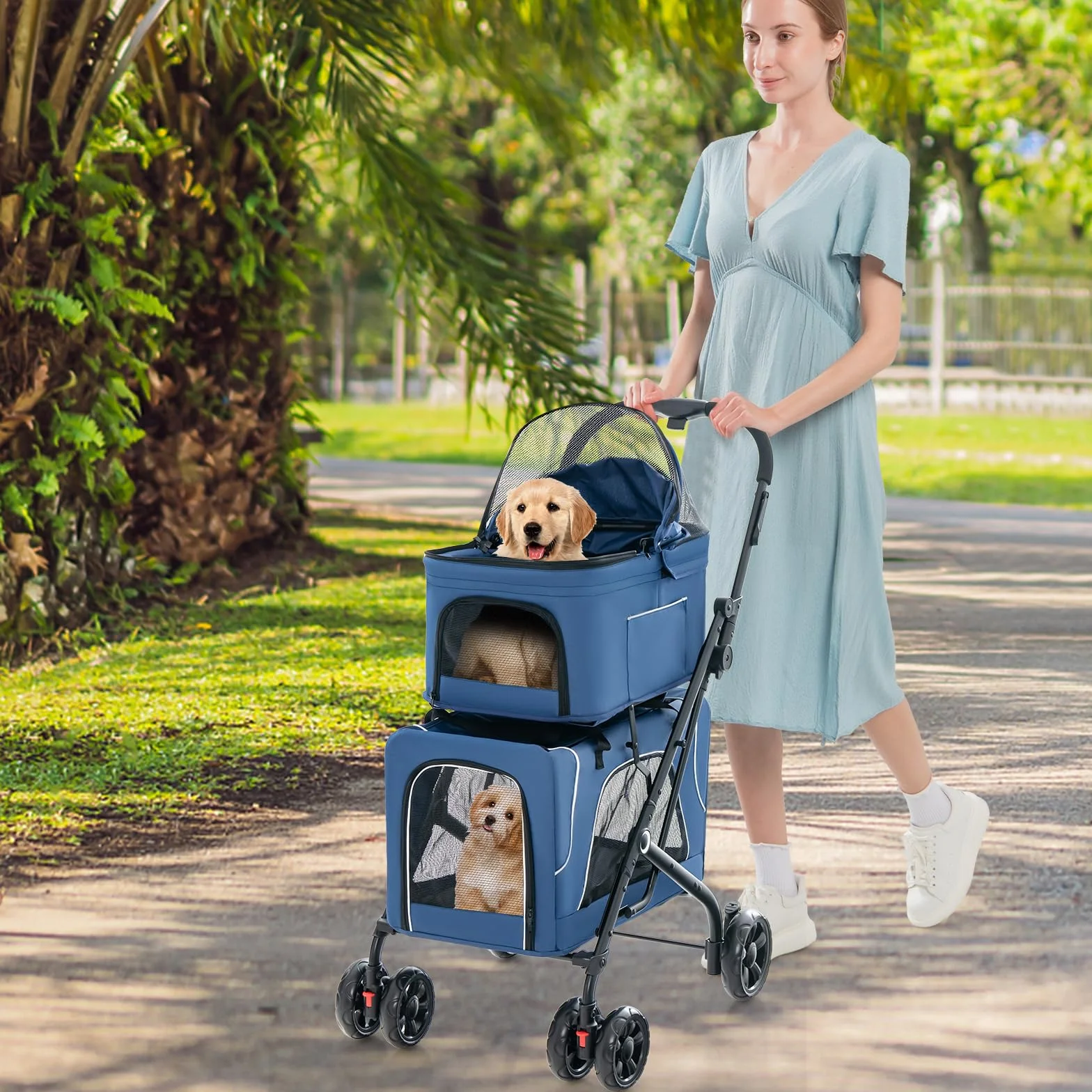 GOPLUS 3 en 1 Poussette Pliable à 2 Niveaux pour Chien Chat, 2 Sacs Détachables, Fenêtre en Maille, Roues avec Freins, Coussins Amovibles, Chariot de Voyage pour Chiens, Chats (Bleu)