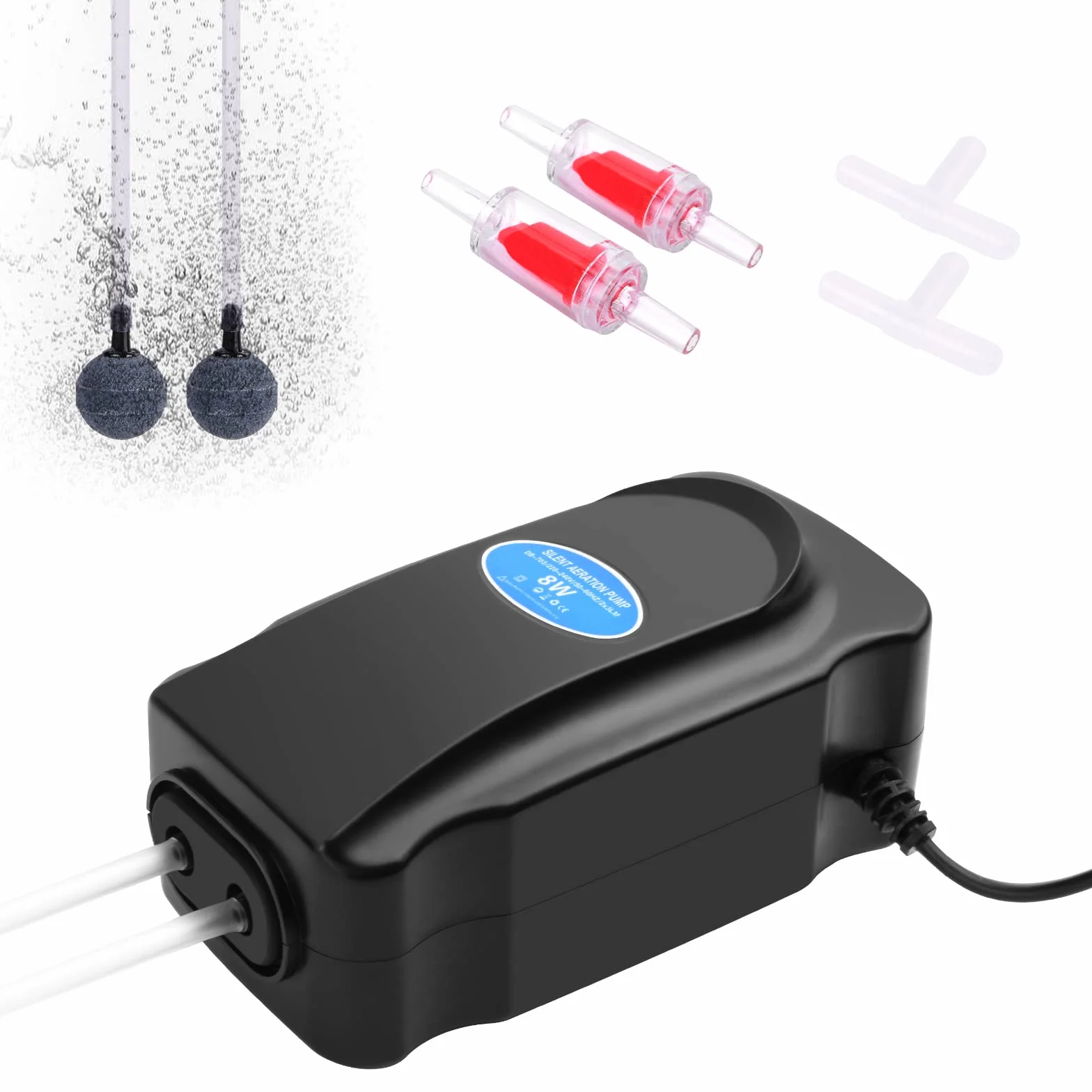 Flintronic Pompe à Air Aquarium 3W 8W Réglable Double Sortie Ultra Silencieuse 5-300L avec Tuyau Pierre à Air Clapet Anti-Retour