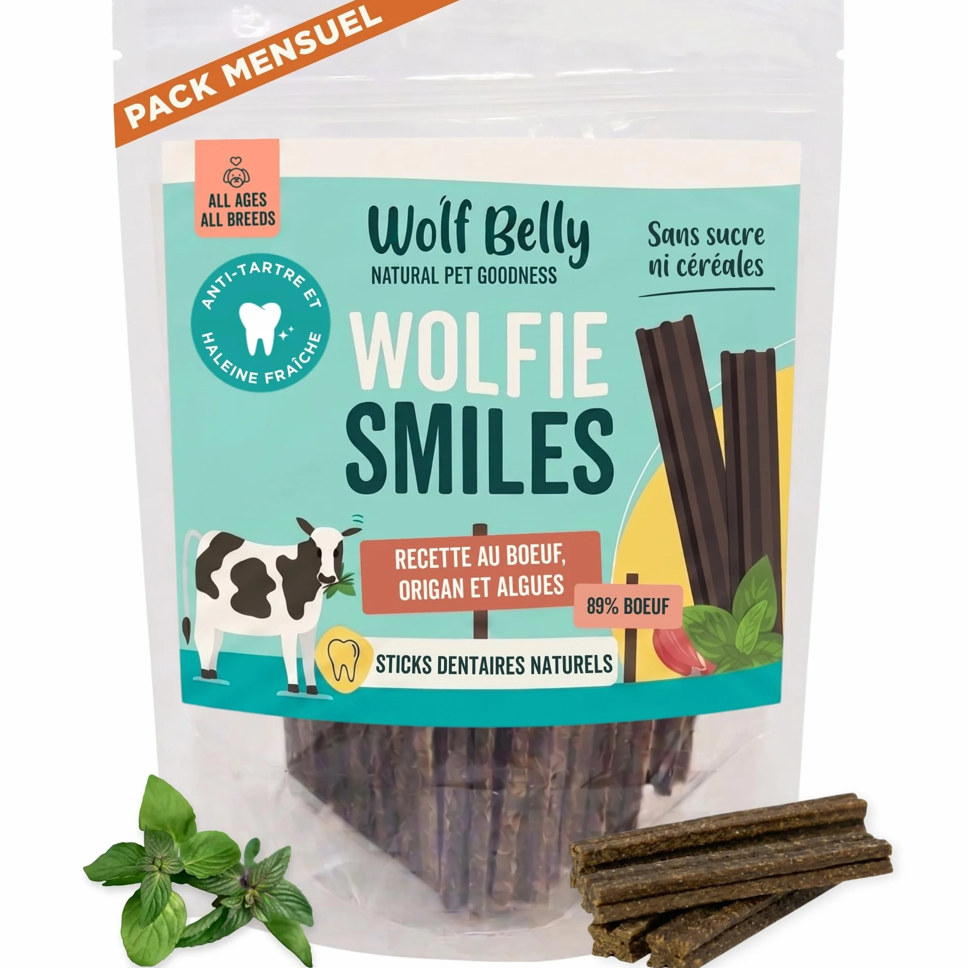 Wolf Belly Stick Dentaire Chien Naturel 28 unités 89% Bœuf Origan sans Céréales Hygiène Bucco-Dentaire Haleine Fraîche Riche en Protéines