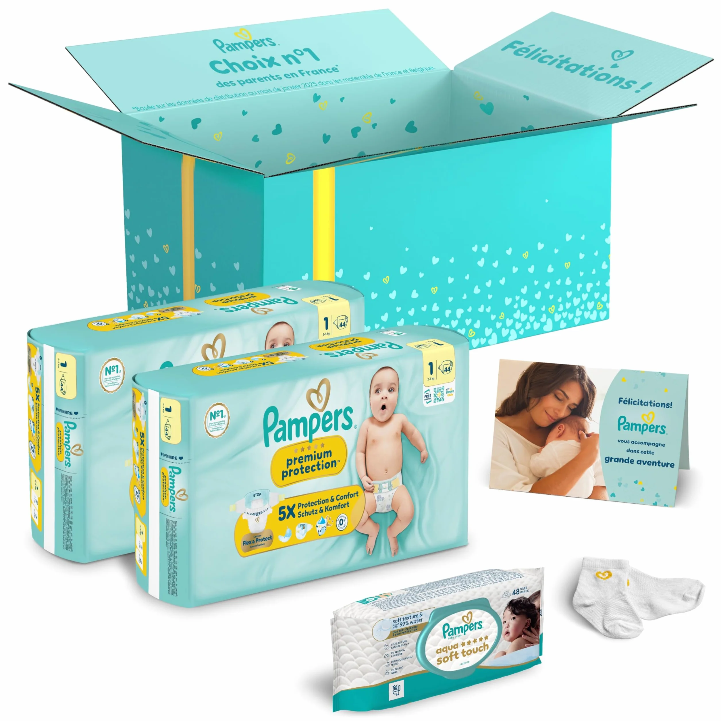 PAMPERS Coffret Cadeau Naissance 2 Packs Couches Premium Protection Taille 1 Lingettes Aqua Soft Touch Chaussettes Bébé