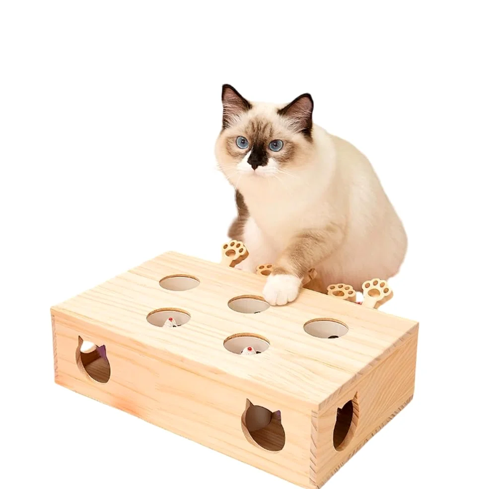 Cat Toys Interactive Whack-A-Mole Solid Wood Toy for Indoor Cats Kitten Catch Mice Game