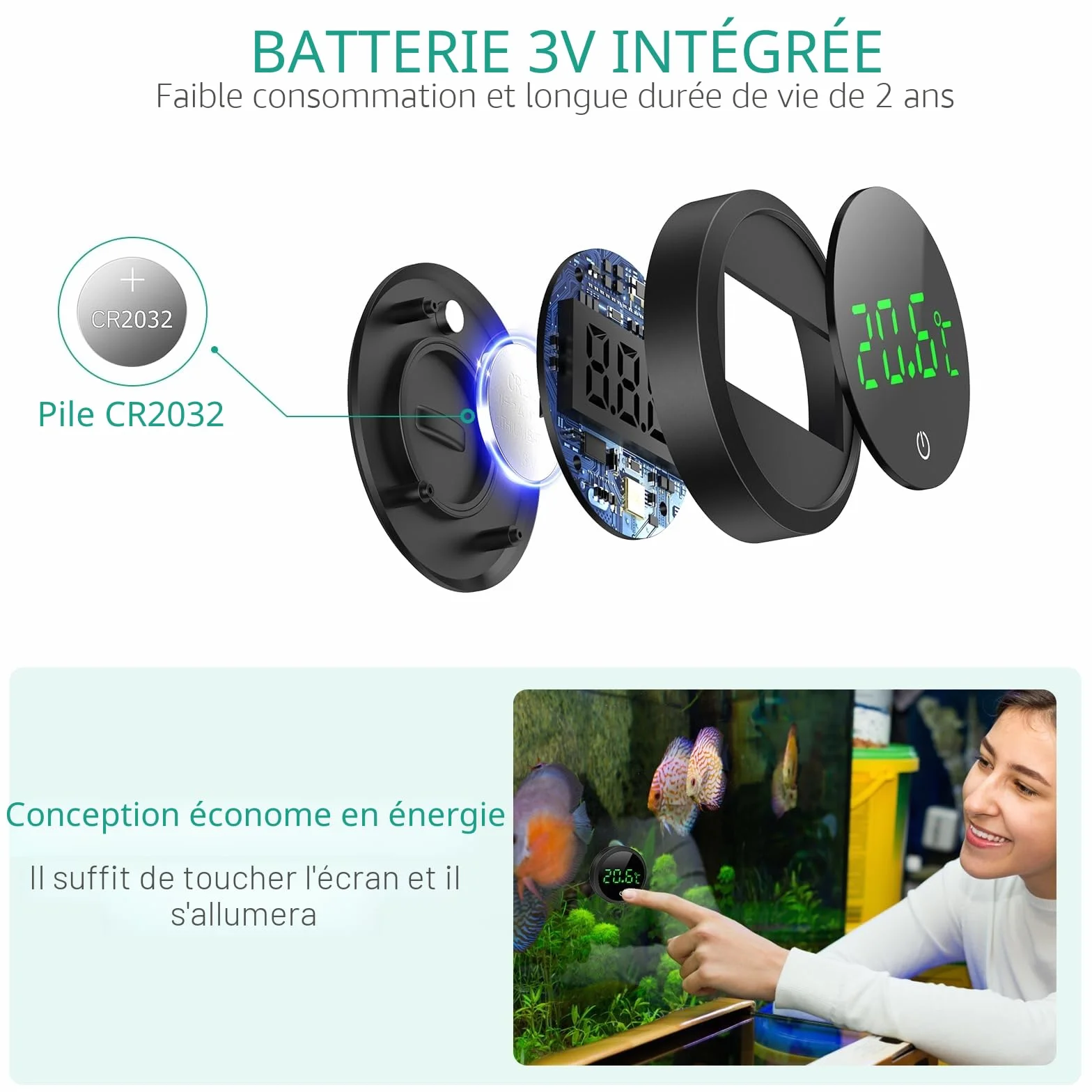ORIA Thermomètre d'Aquarium, Thermomètre LCD Numérique d'Aquarium Haute Précision 0,1 ℃ avec Boutons Tactiles, Batterie Remplaçable pour Aquarium à Tortues et Aquarium en Verre Tropical - Noir