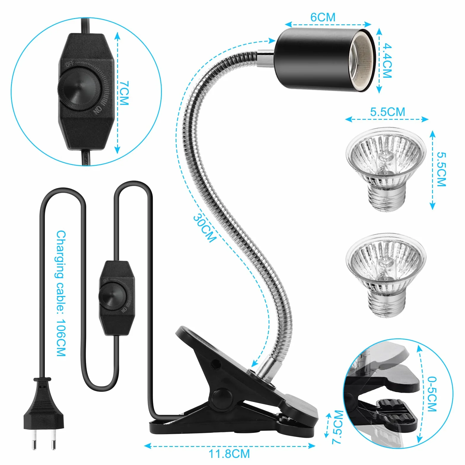 Lampe Chauffante Reptiles 2 Ampoules E27 50W UVA/UVB Pince Rotative 360°