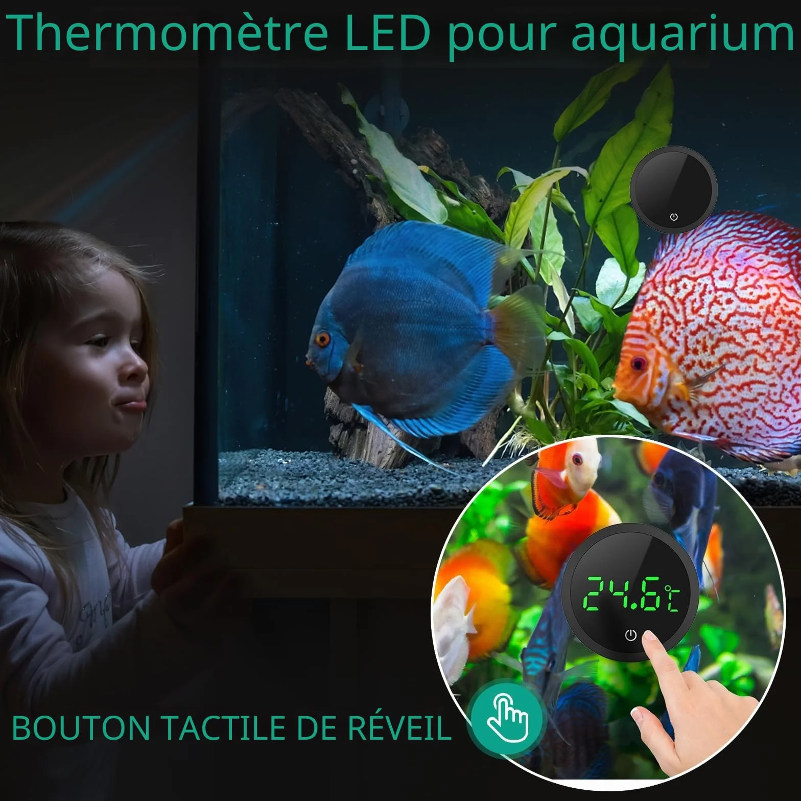 ORIA Thermomètre d'Aquarium, Thermomètre LCD Numérique d'Aquarium Haute Précision 0,1 ℃ avec Boutons Tactiles, Batterie Remplaçable pour Aquarium à Tortues et Aquarium en Verre Tropical - Noir