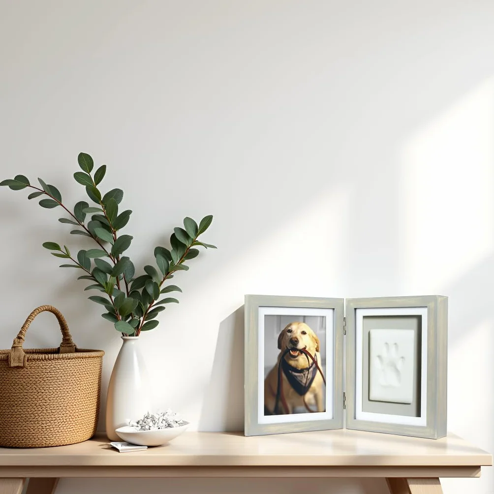 Pearhead Pet Paw Print Photo Frame with Clay Imprint Kit, Wooden Photo Frame, DIY No-Mess Pawprint Keepsake, Distressed Gray