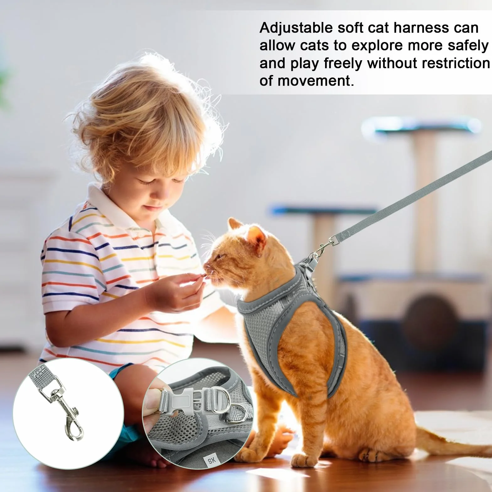Harnais respirant pour chat gris réfléchissant réglable anti-éclatement avec laisse taille XS