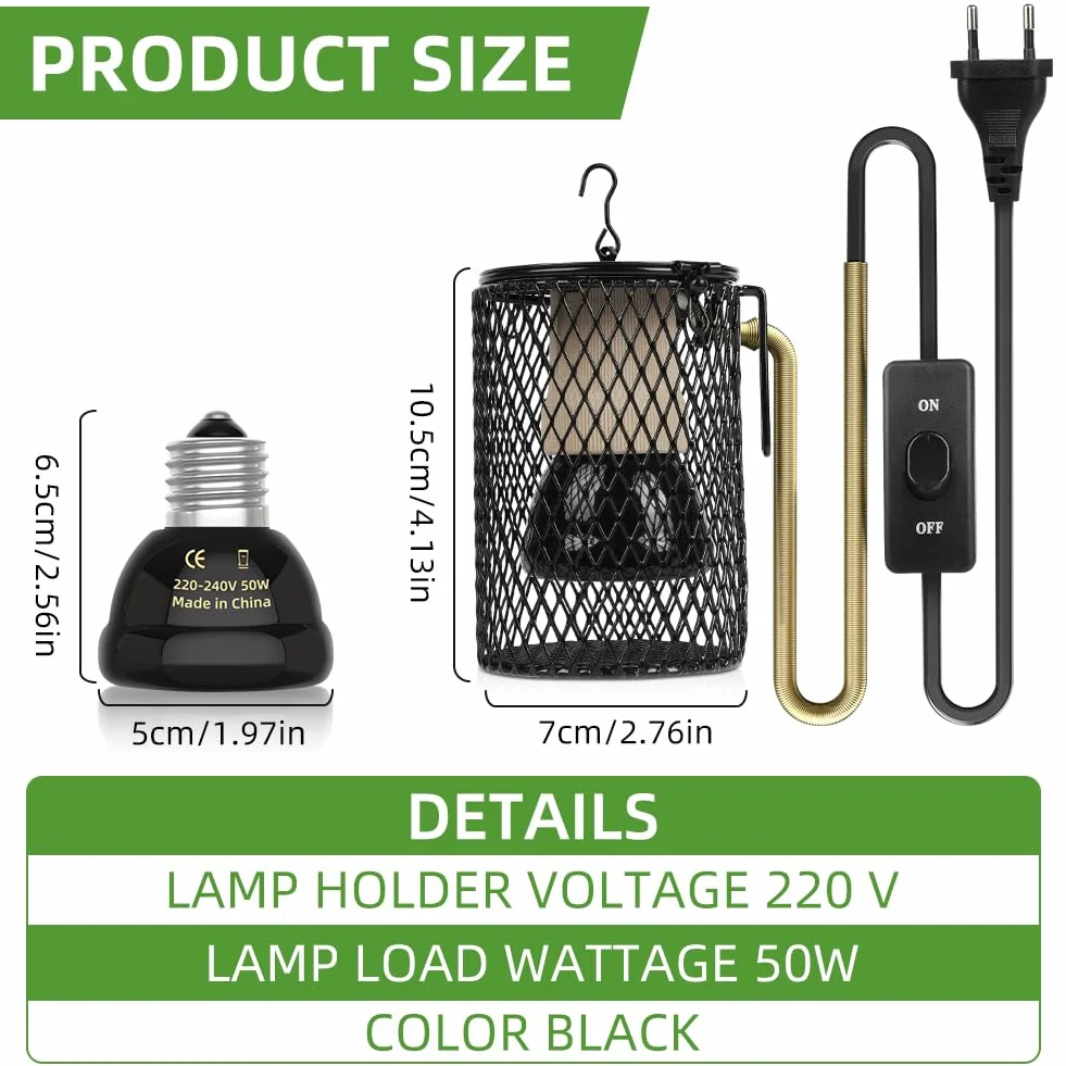 Lampe Chauffante Terrarium 50W E27 avec Cage pour Reptiles, Tortue, Serpent, Lézard