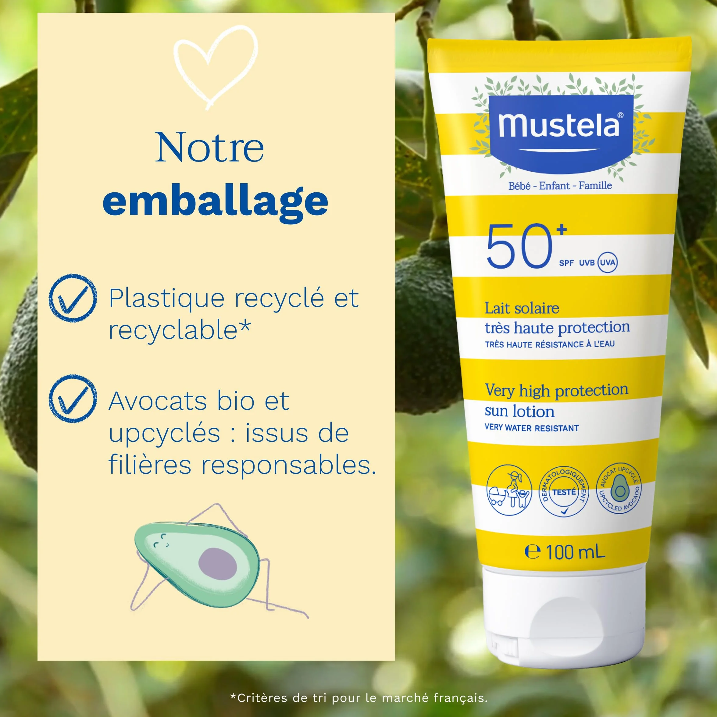 Mustela Lait Solaire SPF 50 Très Haute Protection Solaire Avocat Bio Sans Parfum Résiste à l'Eau Bébé Peaux Sensibles